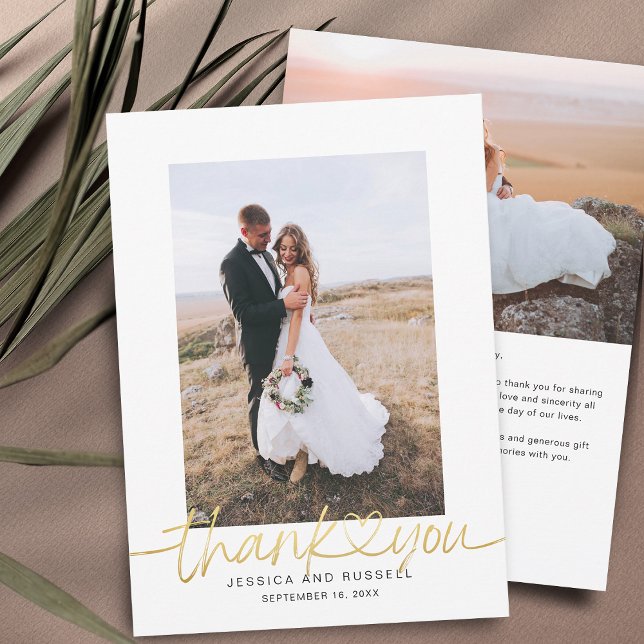 Hand Lettered Script with Heart Photos Wedding Thank You Card (Creator Uploaded)