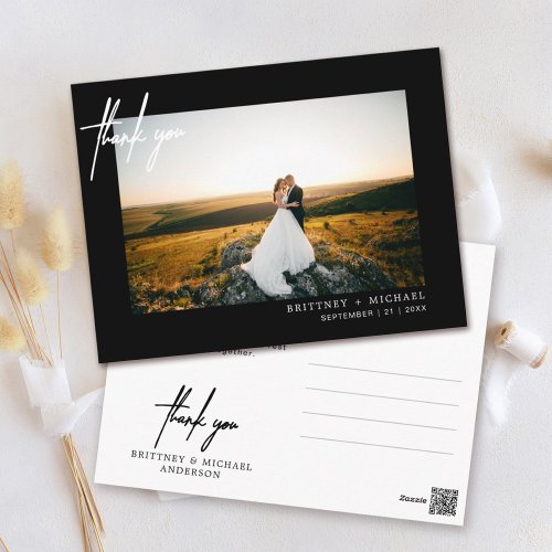 Hand_Lettered Simple Photo Thank You Black Postcard