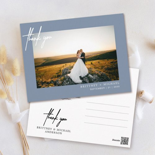Hand_Lettered Simple Photo Thank You Dusty Blue Postcard