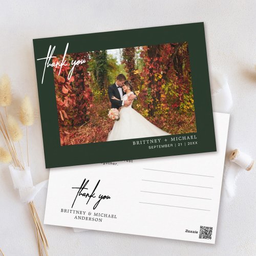 Hand_Lettered Simple Photo Thank You Forest Green Postcard