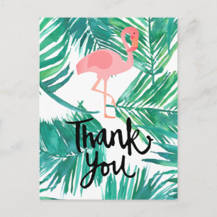 hand-lettered thank you flamingo on tropical palms postcard