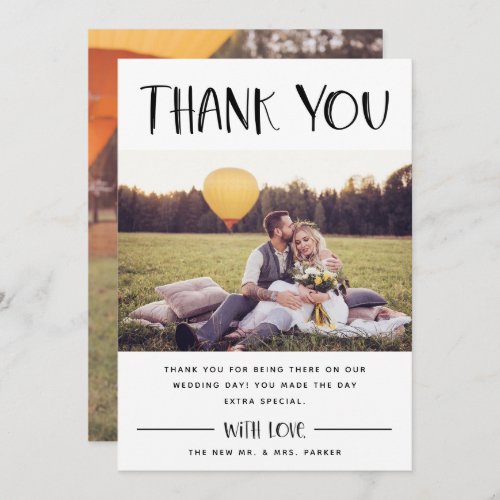 Hand Lettered Thanks  Casual Two Photo Wedding Thank You Card