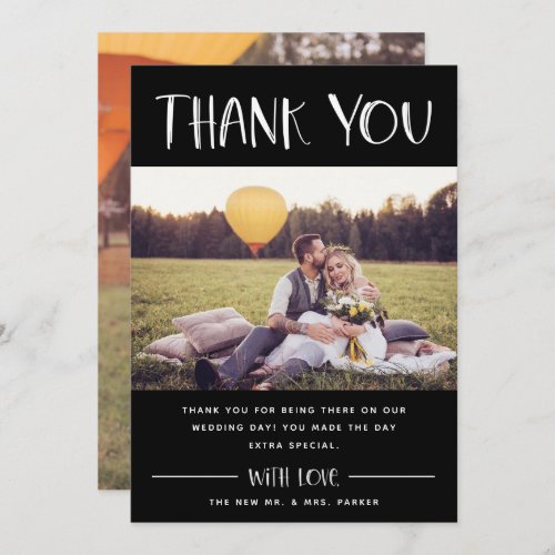 Hand Lettered Thanks  Casual Two Photo Wedding Thank You Card