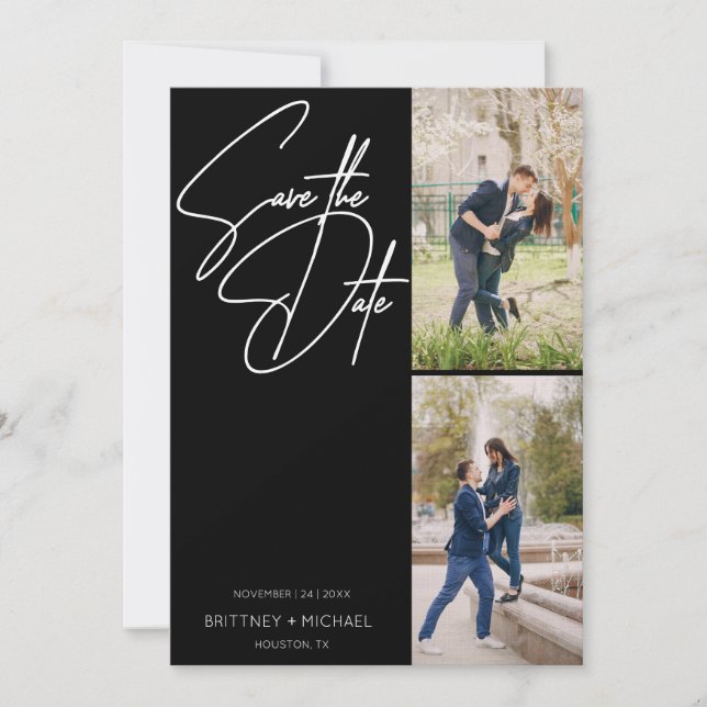 Hand Lettered Three Photo Collage Black Save The Date (Front)