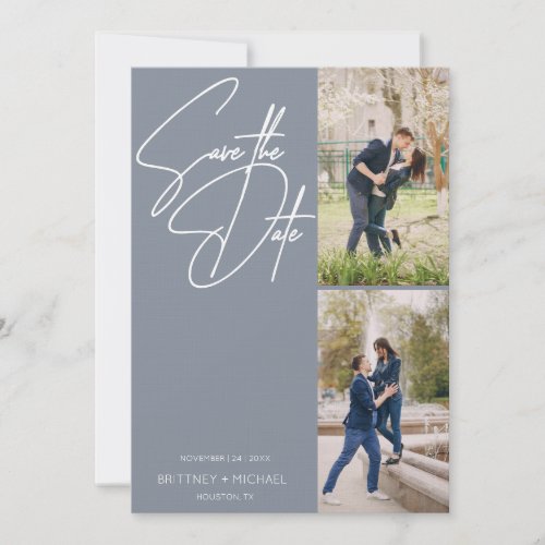 Hand Lettered Three Photo Collage Dusty Blue Save The Date