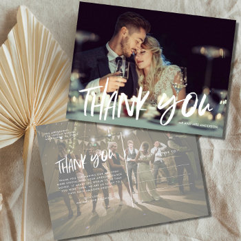 Hand Lettered Two Photo Modern Wedding Thank You Postcard by stylelily at Zazzle