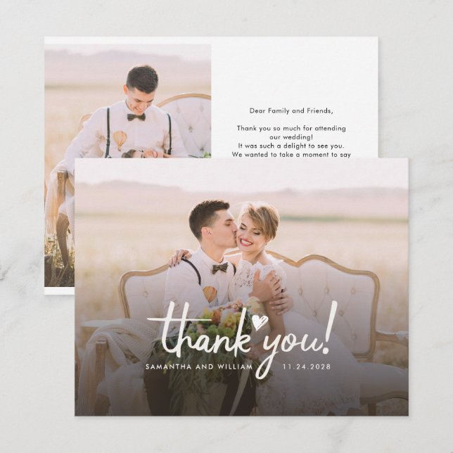 Hand-Lettered Wedding 2 Photos Modern Thank You Card (Front/Back)