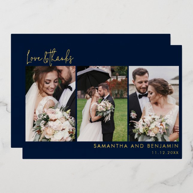 Hand-Lettered Wedding Photo Collage Thank You Gold Foil Invitation (Front/Back)