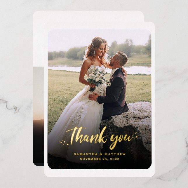 Hand-Lettered Wedding Photo Thank You Gold Foil Invitation (Front/Back)