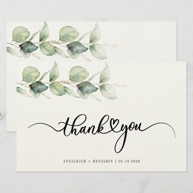 Hand-Lettered Wedding Thank You Eucalyptus Foliage Stationery (Front/Back)