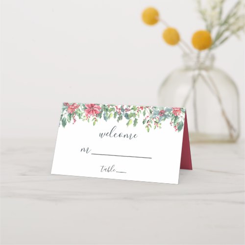 Hand Lettered Welcome Poinsettia Christmas Wedding Place Card