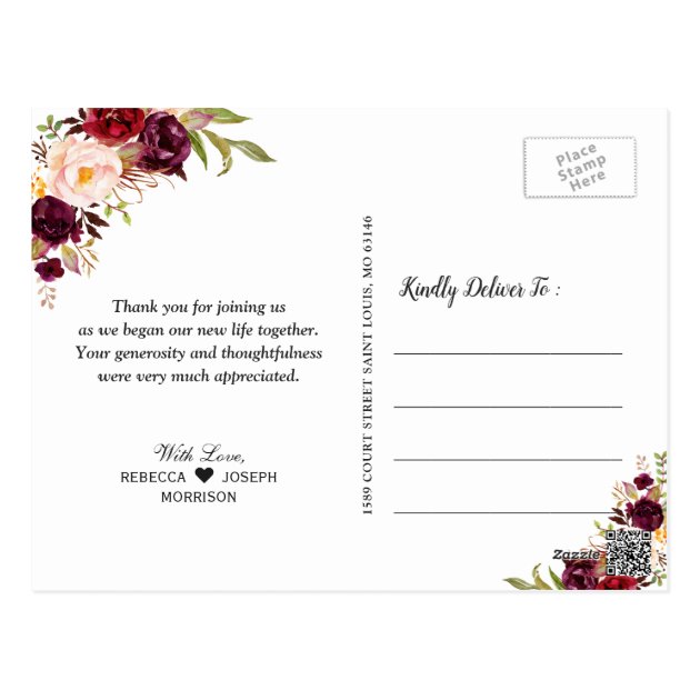 Hand Lettering Burgundy Floral Photo Thank You Postcard