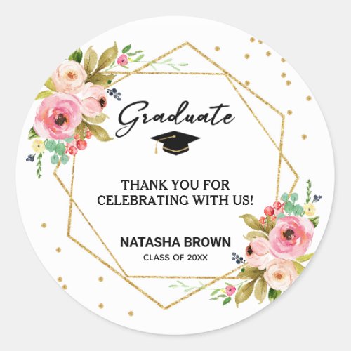 Hand Lettering Gold Geometric Graduation Thank You Classic Round Sticker