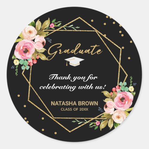 Hand Lettering Gold Geometric Graduation Thank You Classic Round Sticker