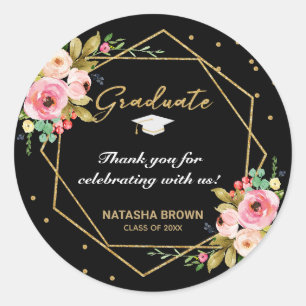 Hand Lettering Gold Geometric Graduation Thank You Classic Round Sticker