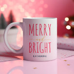 Hand-Lettering Merry & Bright Monogram Holiday Coffee Mug<br><div class="desc">This mug features hand-lettered Merry and Bright in pink and yellow. You can customize it with a name and it makes a great gift.</div>