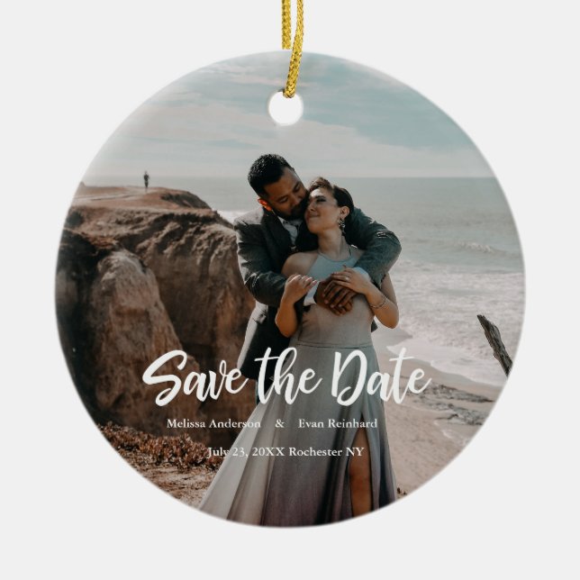 Hand Lettering photo Save the Date Ceramic Ornament (Front)
