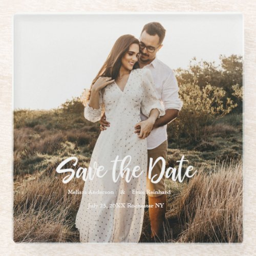 Hand Lettering photo Save the Date Glass Coaster