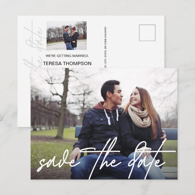 Hand lettering Save the date Modern photo  Announcement Postcard (Front/Back)