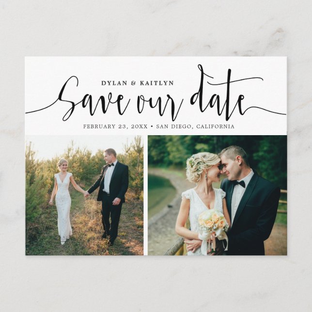 Hand Lettering Two Photo Save the Date Postcard (Front)