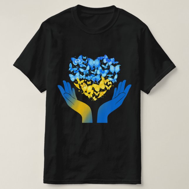 Hand Love Heart Butterfly Ukrainian Flag Stand Wit T-Shirt (Design Front)