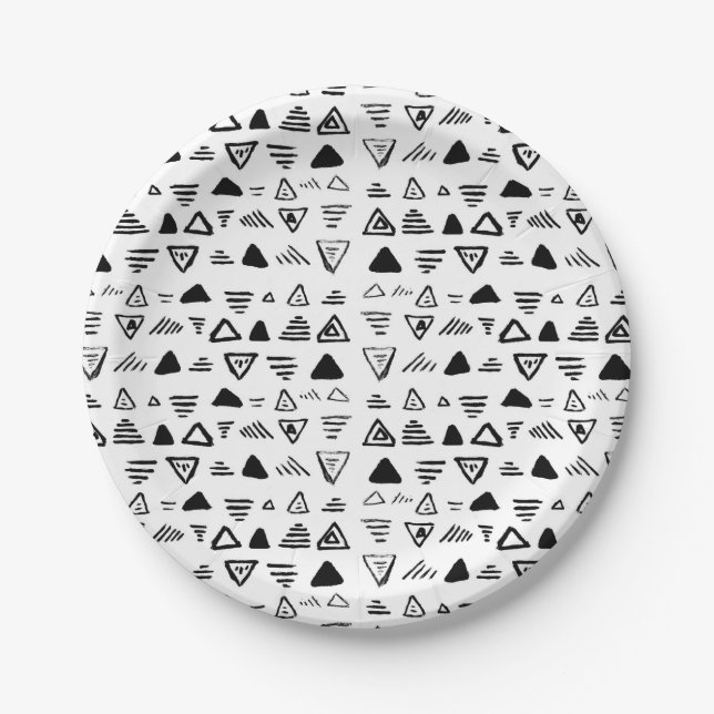 Hand made black white paint aztec pattern paper plates (Front)