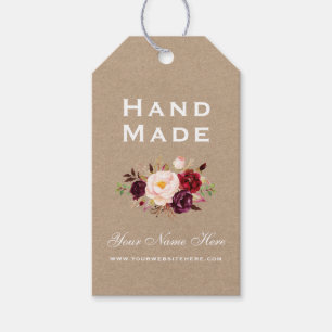 Hand Made Burgundy Watercolor Floral Kraft Tags