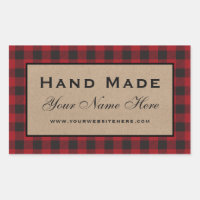 Hand Made Red Plaid Kraft Rectangular Sticker