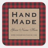 Hand Made Red Plaid Kraft Square Sticker