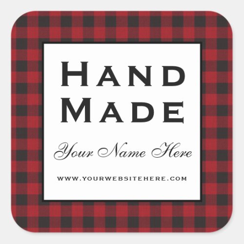 Hand Made Red Plaid Square Sticker