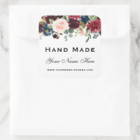 Hand Made Watercolor Burgundy Blue Floral Small Square Sticker