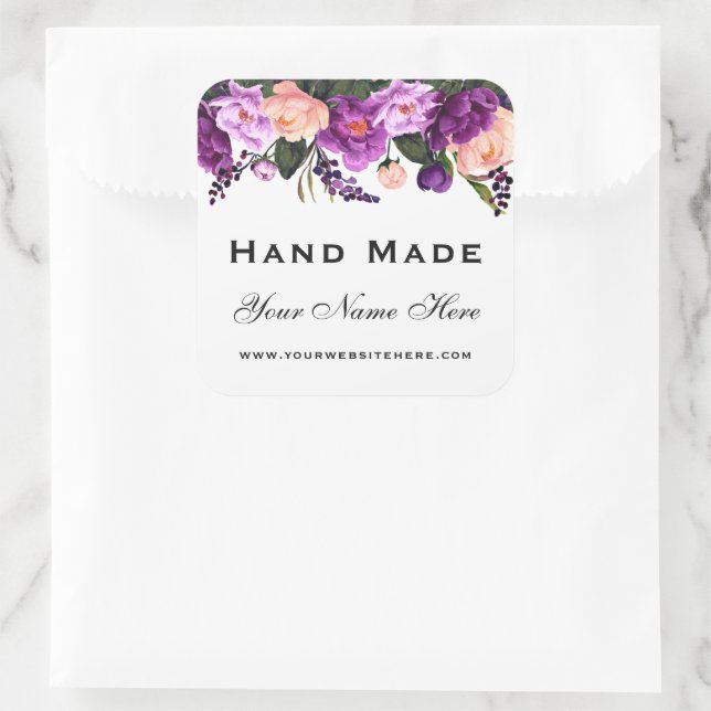 Hand Made Watercolor Purple Floral Small Square Sticker (Bag)