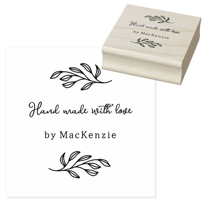 Hand Made With Love Botanical Line Art Custom Name Rubber Stamp (Hand Made with Love custom name botanical leaf line art small business maker rubber stamp)