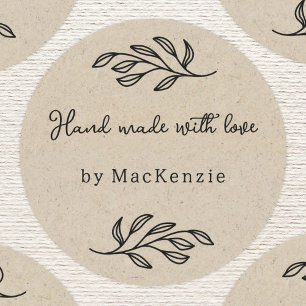 Hand Made With Love Brown Paper Botanical Leaf Classic Round Sticker