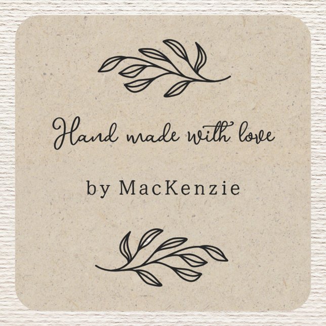 Hand Made With Love Brown Paper Botanical Leaf  Square Sticker (Personalized hand made with love botanical leaf line art stickers for small business makers)