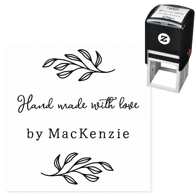 Hand Made With Love Personalized Botanical Leaf Self-inking Stamp (Hand Made with Love custom name botanical leaf line art small business maker self inking stamp)