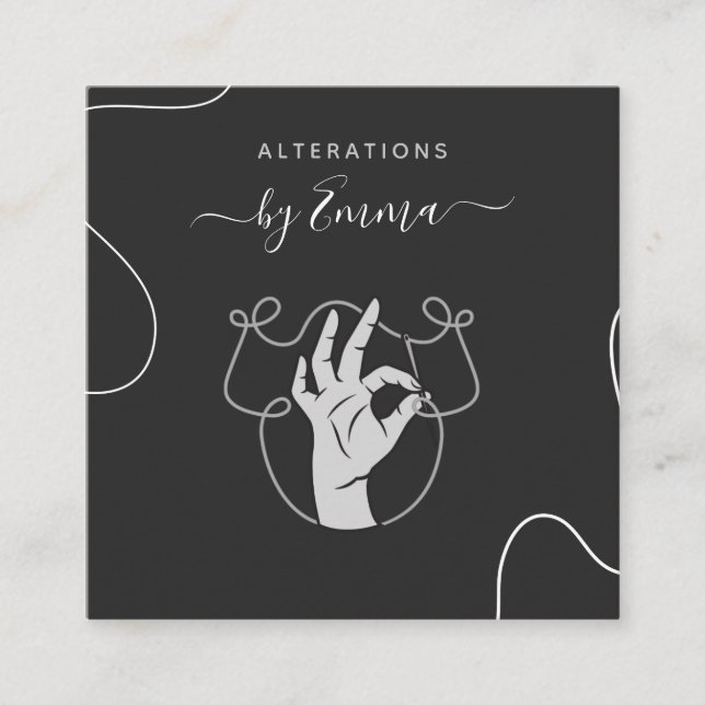 Hand Needle & Thread Logo Seamstress Tailor Gray  Square Business Card (Front)