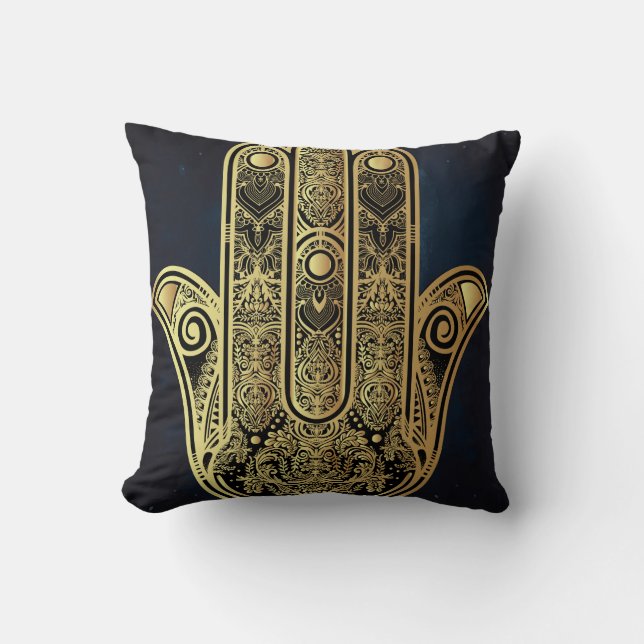 Hand of Fatima,symbol of protection,Hamsa,gold on Throw Pillow (Front)