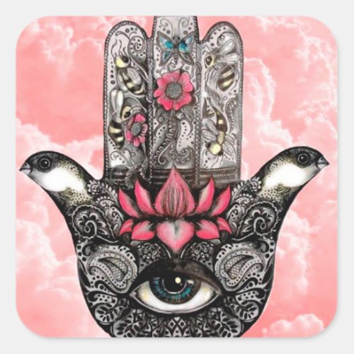 Hand of Fatima with Lotus Flower and All_Seeing Ey Square Sticker