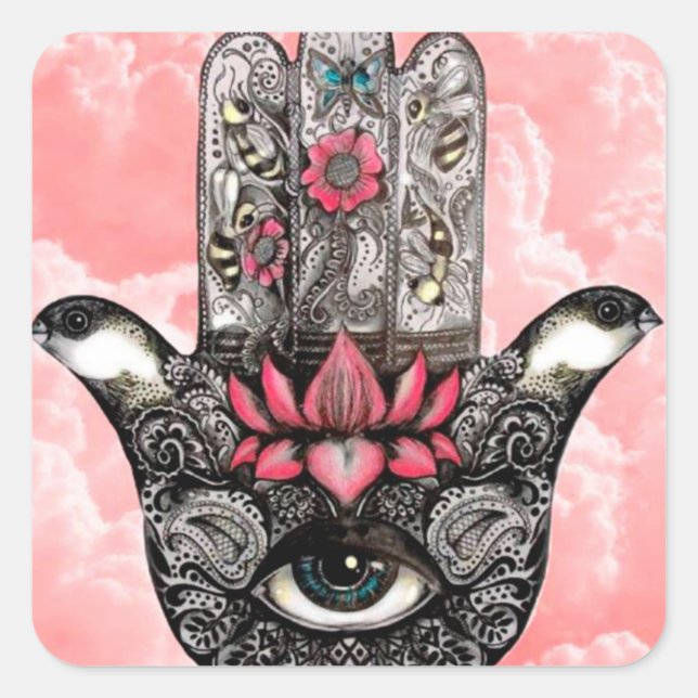Hand of Fatima with Lotus Flower and All-Seeing Ey Square Sticker (Front)