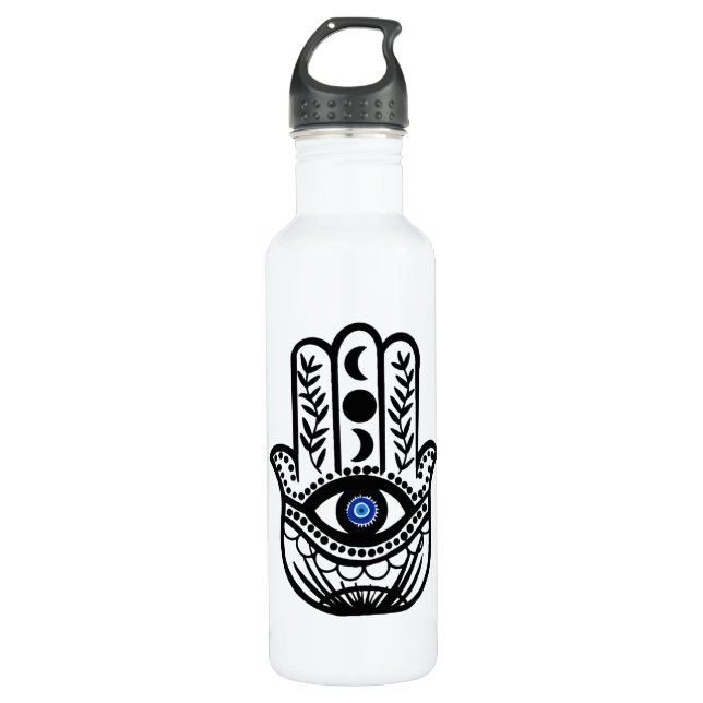 Hand of Hamsa Fatima Evil Eye Stainless Steel Water Bottle (Front)