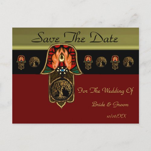 Hand of Hamsa feat Tree of Life Save The Date Announcement Postcard