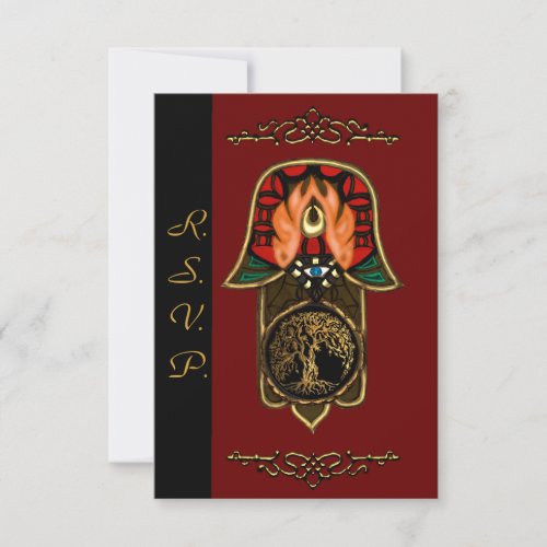 Hand of Hamsa feat Tree of Life Wedding RSVP Card