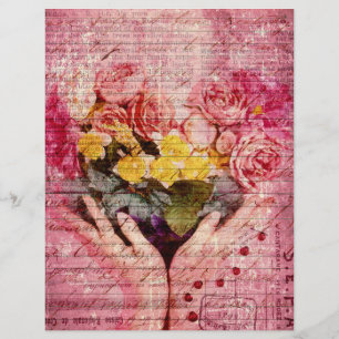 Hand old handwritting paper and pink yellow roses