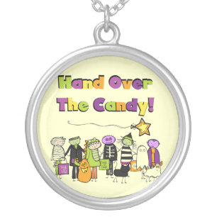 Hand Over the Candy Halloween Tshirts and Gifts Silver Plated Necklace