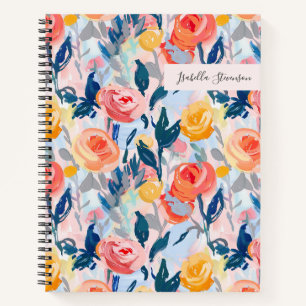 Hand-Painted Abstract Floral Personalized Blue Notebook