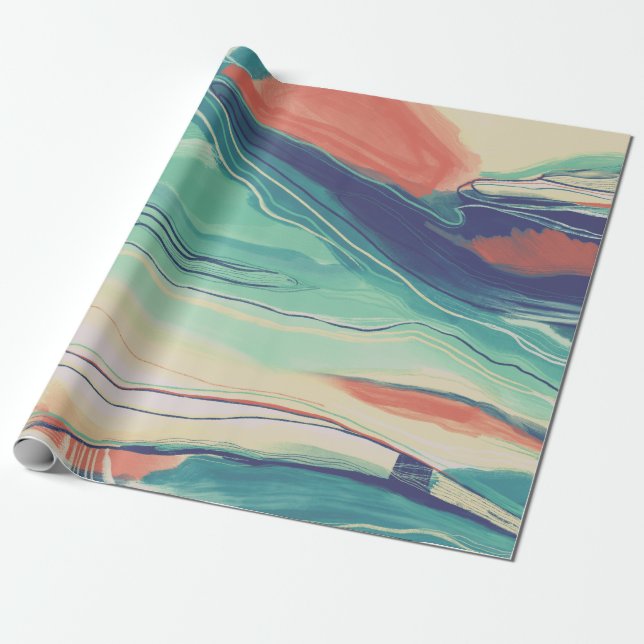 Hand painted abstract painting marbled blue green wrapping paper (Unrolled)