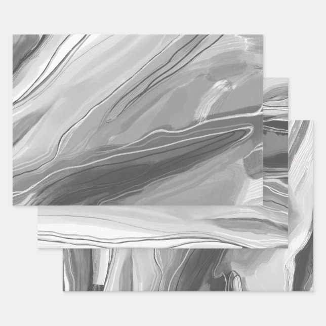 Hand painted abstract painting marbled grayscale wrapping paper sheets (Set)