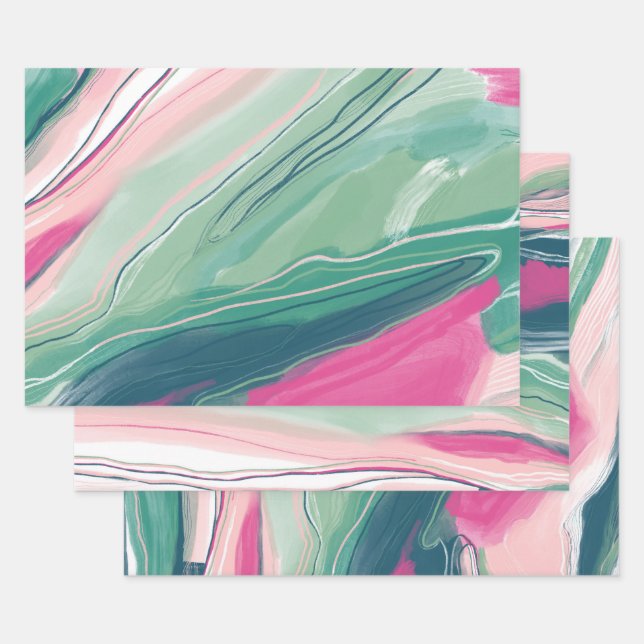Hand painted abstract painting marbled green pink wrapping paper sheets (Set)