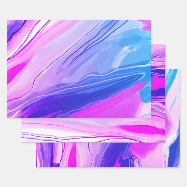 Hand painted abstract painting marbled purple blue wrapping paper sheets (Set)